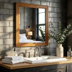 Classic Rectangular Solid Wood Wall Mirror <b>Framed</b> Border Natural <b>Oak</b> Timber Bathroom Vanity Living Room Decor Artwork Object HDs - Product Image 1