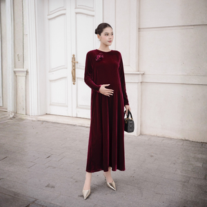 Vestido Midi de Terciopelo Sólido Tejido con Botones, Cintura Holgada, Transpirable, Elegante, Cuello Redondo, Manga Regular, Lujo, Rojo Borgoña - Product Image 1