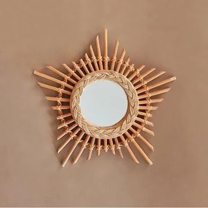 Handcrafted Rustic Wood Frame Wall <b>Mirror</b> for Living Room Bohemian-Style Handwoven <b>Rattan</b> Decorative Element - Product Image 2