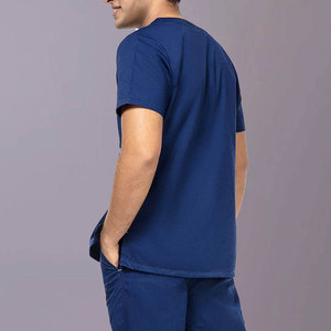 Haut de blouse médicale bleu pour homme à col en V et manches courtes avec poches, en coton et polyester tissé, ensemble uniforme d'hôpital - Product Image 3