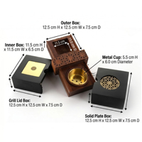 Brûleur à Bakhoor Coulissant en Bois de Luxe avec Grille Métallique Arabesque Moderne, Couvercles et Coffret Cadeau d'Encens Oud – Encensoir Islamique Premium pour la Maison