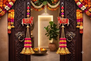 Guirnalda de Campanas de Tela de Algodón Hecha a Mano con Pompones, Colgante de Vaca, Decoraciones Colgantes para Bodas, Fiestas Ganpati, Telones de Fondo, Adornos para Puertas - Product Image 2