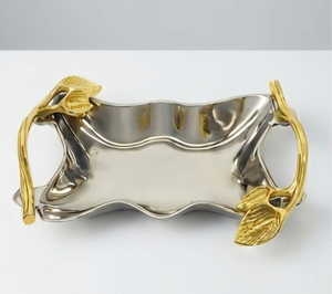 Plateau de service en acier inoxydable de qualité supérieure avec poignées en feuille d'or, finition métallique polie, parfait pour un usage résidentiel, les restaurants et les événements - Product Image 1