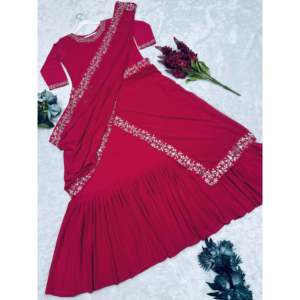 Designer Evening Dress Party Wear Gown with <b>Saree</b> Ruffle Work Detail - Product Image 3