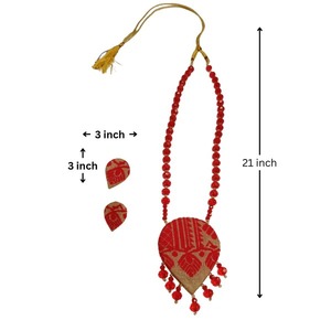 Excellent Quality Gamusa Assamese Traditional Red Muga Silk <b>Necklace</b> Set with <b>Statement</b> Pendant Available At Best Market Price - Product Image 2