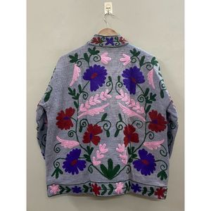 Floral Embroidered Cotton Winter <b>Jacket</b> Women Mandarin Collar Full Sleeve Open Front Handmade Design - Product Image 3
