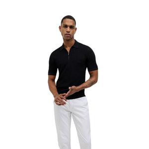 Polo zippé texturé pour homme, manches courtes, en coton premium côtelé, coupe ajustée, décontracté et élégant, idéal pour l'été, vente en gros - Product Image 4