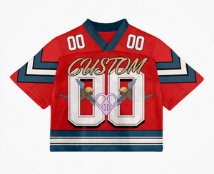 Custom Breathable Full Sublimation Mesh Short Sleeve Football Fan Jersey with Vintage Sleeve Stripes and <b>Pink</b> Peace <b>Heart</b> - Product Image 1