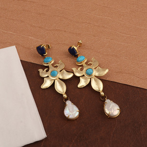 Lapis Lazuli Turquoise Pearl <b>Earrings</b> Gold Plated Dangle <b>Earrings</b> Handmade Statement Jewelry - Product Image 4