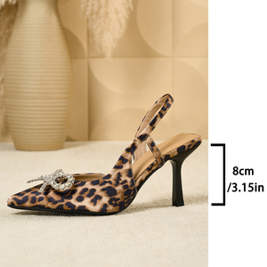 Leopard Print Rhinestone <b>Bow</b> Slingback Stilettos - Pointed Toe High Heel <b>Sandals</b> for Women - Product Image 6