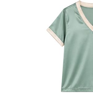 Ensemble de pyjama en satin vert sauge pour femmes, haut à manches courtes et short, bordure contrastante beige, vêtements de nuit doux, fabrication sur mesure OEM ODM - Product Image 2
