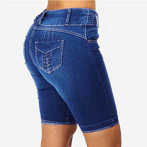 Shorts en jean pour femmes, logo personnalisé, taille haute, bleu classique, coupe slim, vente en gros, directement de l'usine OEM - Product Image 2