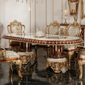 Ensemble de table à manger de style royal classique haut de gamme en bois d'acajou avec sculpture en feuille d'or et plateau brillant, 6 places, pour salle à manger de villa - Product Image 2