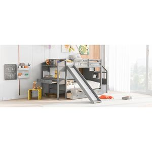 Letto a Castello Grigio con Cassetti Portaoggetti, Scala, Scivolo e Scrivania con Cassetti e Mensole per Bambini - Product Image 5
