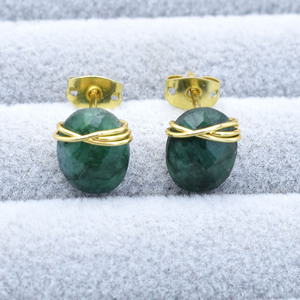 <b>Emerald</b> Gemstone <b>Stud</b> Earrings | Wire Wrapped Oval Green Stone 8–10mm | May Birthstone Gift - Product Image 4