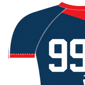 Maillot de compression athlétique à manches courtes bleu marine, rouge et blanc, col ras du cou, motif géométrique, pour entraînement de performance et sports nautiques - Product Image 3