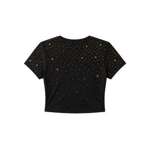 Camiseta de mujer de estilo juvenil con pedrería de moda, diseño personalizado con pedrería en toda la prenda, OEM, versátil, informal, para verano. - Product Image 4