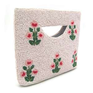 Handmade Cotton <b>Purse</b> With Pink And <b>Green</b> Floral Embroidery Craft For Home Decoration - Product Image 1