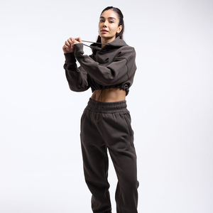 Women's <b>Brown</b> Cropped Hoodie Solid Color <b>Long</b> <b>Sleeve</b> Casual Hooded <b>Top</b> 100% Cotton Knitted Breathable Autumn Wear - Product Image 5