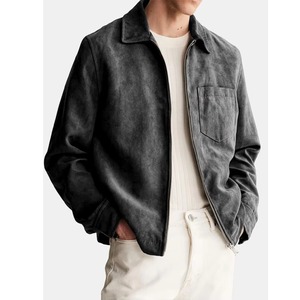Veste en cuir suédé marron pour homme, col rabattu, fermeture éclair, style décontracté, coupe classique, poche avant, idéale pour l'automne - Product Image 3