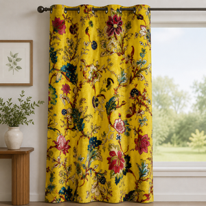 Tela de Terciopelo de Algodón Estampada a Mano, Color Amarillo Sol, con Diseño Floral, para Tapicería de Lujo - Product Image 1