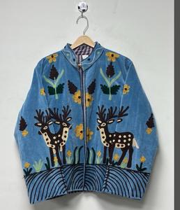 Velvet Embroidered Floral Blouson Jacket <b>Button</b> Collar Full Sleeve Handmade Breathable Eco-Friendly Autumn Women's Regular GIFT - Product Image 3