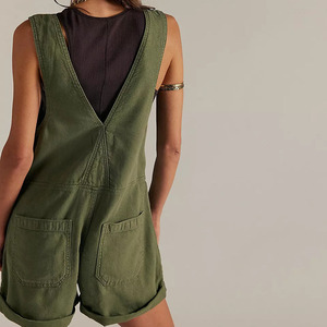 Custom <b>Women's</b> Green <b>Denim</b> Overalls <b>Shorts</b> Solid Color Loose Fit Casual Summer Style With Pockets Breathable Cotton Mid Waist - Product Image 2
