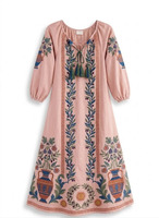 Vestido islámico negro bordado para mujer, manga tres cuartos, cuello con lazo, estampado floral, corte holgado, algodón, modesto, para uso diario.