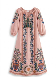 High Quality Mexican Style Embroidered Butterfly Sleeve Kaftan Caftan Wedding Festival Boho 100% Cotton Maxi <b>Dress</b> - Product Image 4