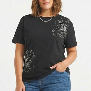 Tela Jersey 100% Algodón Puro de Alta Calidad, Negra, Bordada con Cuentas Florales, Cuello Redondo Extra Grande para Mujer, Secado Rápido, Impresión Personalizada - Product Image 1