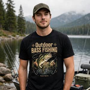 Camiseta Negra de Manga Corta para Hombre, Estilo Casual para Pesca, Cuello Redondo, 100% Algodón, 320g, Corte Regular - Product Image 1