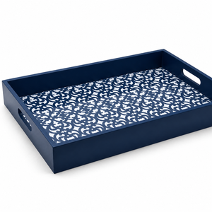 Plateau de service décoratif en bois bleu de qualité supérieure Maximus International |   Table basse rectangulaire décorative à motifs géométriques Art Déco - Product Image 1
