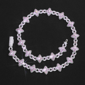 Gorgeous Delicate Romantic Pink Micro Pave CZ Four Petal Flower Link Chain Copper <b>Statement</b> Floral <b>Necklace</b> - Product Image 3