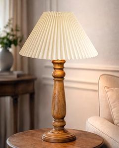 Lámpara de Mesa de Madera Maciza con Pantalla de Tela Plegada, Lámpara de Noche Estilo Rústico, Lámpara Colgante Plegada Color Crema para Decoración de Dormitorio - Product Image 4