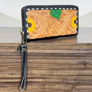 New Handmade Tooled Caring <b>Wallet</b> Clutch Genuine Leather Credit Card Holder Floral Design <b>Zip</b> Type For Women's Western <b>Wallet</b> - Product Image 4