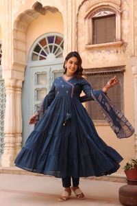 Luxury Navy Cotton Pintex Embroidered <b>Three</b> Piece Suit Set with Tiered Anarkali Kurta Matching Bottom and Dupatta for Women - Product Image 4