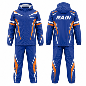 RAIN <b>Men's</b> Hooded Waterproof Sporty Varsity <b>Jacket</b> Blue Orange White PU Coated Zipper Closure Spring Wear Fleece Color Blocking - Product Image 1