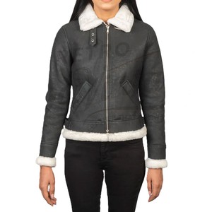 Veste en cuir véritable noir vieilli pour femme avec garniture en fausse fourrure blanche, coupe ajustée, en peau de mouton de qualité supérieure, style motard décontracté pour l'hiver - Product Image 1