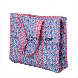 Sac fourre-tout écologique pour femmes, en coton floral imprimé à la main, matelassé, à longues poignées, grand format, style bohème, pour les fêtes et l'usage quotidien - Product Image 1