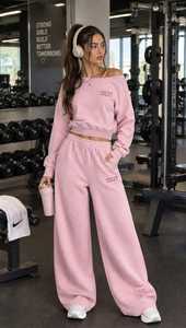 Conjunto Deportivo de 2 Piezas para Mujer, Estampado Rosa, Top Corto de Cuello Alto y Manga Larga, Pantalones Deportivos de Pierna Ancha con Cintura Elástica y Cierre - Product Image 6