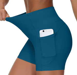 Pantalones cortos de yoga de cintura alta para mujer con bolsillos, pantalones cortos deportivos negros para gimnasio, correr, Fitness, tela de punto de secado rápido - Product Image 3