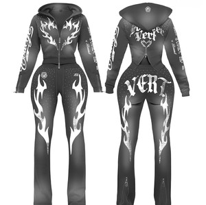 Survêtement à capuche personnalisé pour femme, style streetwear vintage, coupe ajustée, manches longues, fermeture éclair frontale, motif éclair, pantalon évasé, décontracté, OEM - Product Image 5