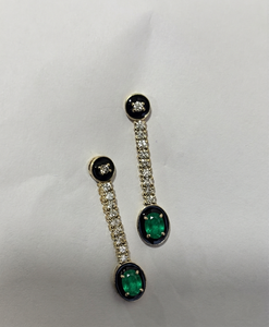 9KT Gold Fine Jewelry Lab Emerald & Diamonds Black Enamel Linear <b>Drop</b> Earrings - Product Image 2