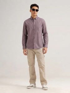 Chemise en lin à manches longues boutonnée pour homme, couleur unie, tissu tissé décontracté, style printemps, lavande - Product Image 2
