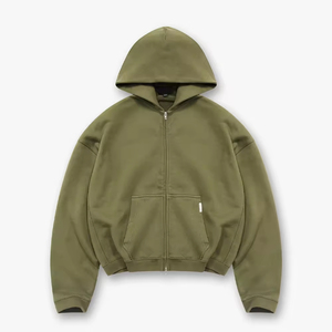 Men's Olive Green Hooded Fleece Zip-Up Sweatshirt Casual Autumn Wear Solid Color <b>Knitted</b> Fabric - Product Image 1
