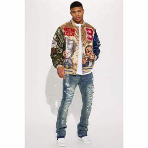 Men's Varsity <b>Jacket</b> With Character Print Patch Design Satin Lining Turn-down Collar Streetwear Style Autumn Wear - Product Image 3