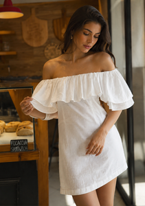 Vestido Corto de Verano para Mujer, Estilo Bohemio, de Algodón y Lino Natural, con Hombros Descubiertos, Corte Evase, Ideal para la Playa o Fiestas, Venta al Por Mayor - Product Image 6