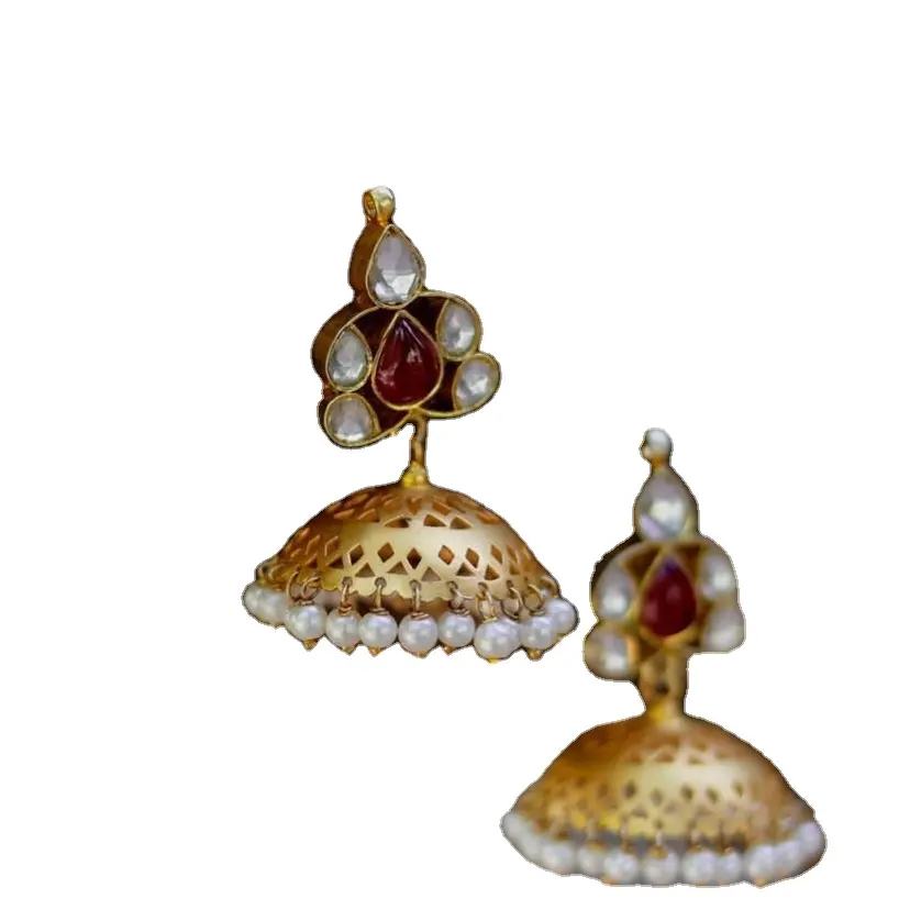 Orecchini Jhumki tradizionali tono oro per donna, pietra rossa rubino incastonata con perle intorno a orecchini dorati, ultimo orecchino di design