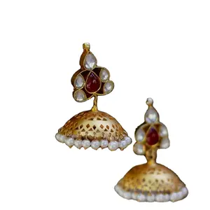 Gold Tone Traditional Jhumki Earrings for women, Ruby Red Stone Embedded with pearl around Golden Earrings,latest design earring