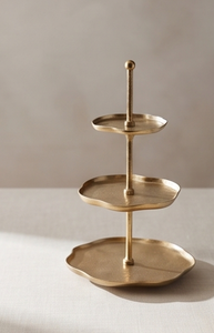 Premium Gold Metal 3 Tier Cake <b>Stand</b> with Ball Finial Handle Organic Scalloped Plates Pastry <b>Cupcake</b> Display Serving - Product Image 2